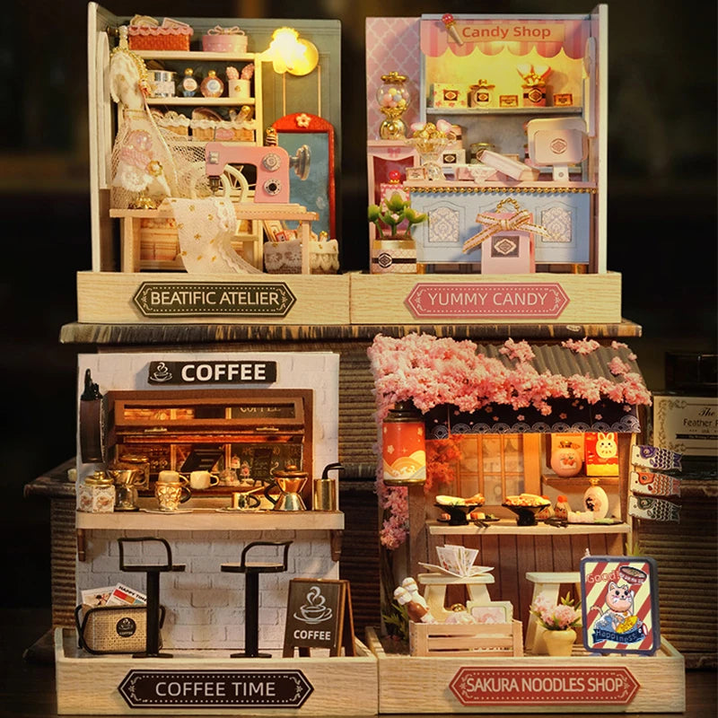 Coffee Store Wooden Mini Doll Houses Miniature 3D Puzzle Assembly Building Kits With Furniture LED Dollhouse Toys For Kid Gifts