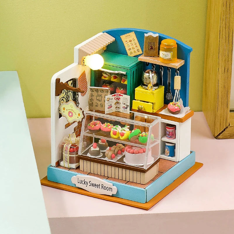 Coffee Store Wooden Mini Doll Houses Miniature 3D Puzzle Assembly Building Kits With Furniture LED Dollhouse Toys For Kid Gifts