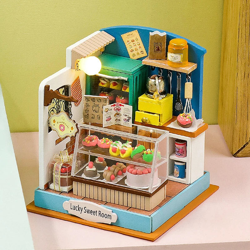 Coffee Store Wooden Mini Doll Houses Miniature 3D Puzzle Assembly Building Kits With Furniture LED Dollhouse Toys For Kid Gifts