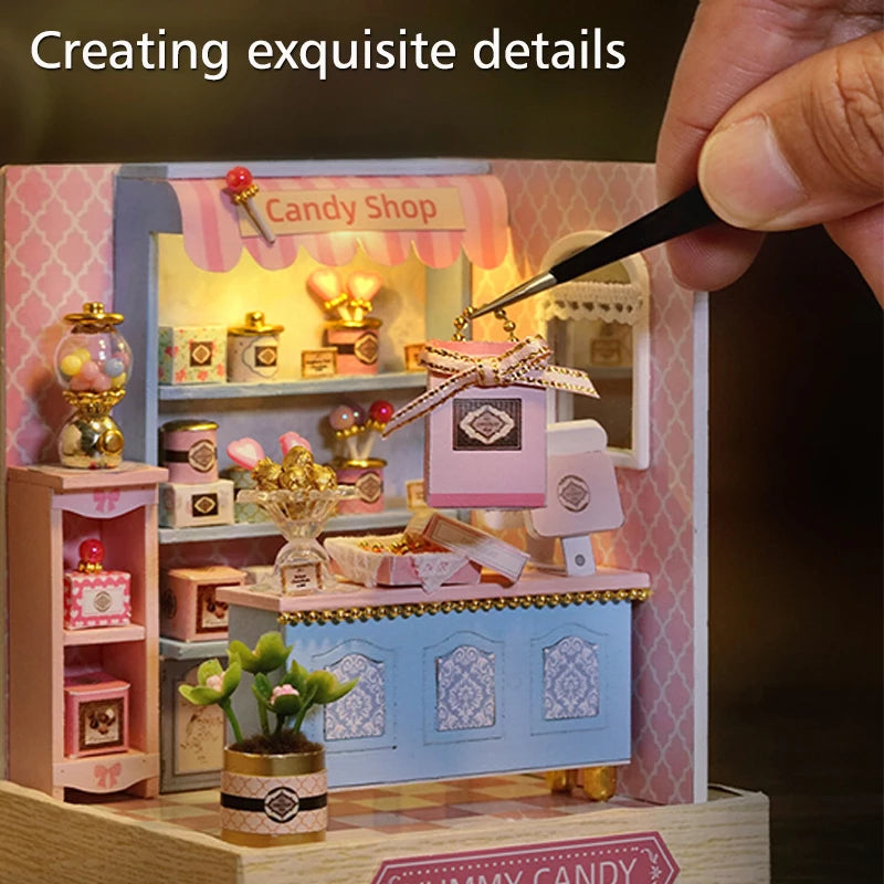 Coffee Store Wooden Mini Doll Houses Miniature 3D Puzzle Assembly Building Kits With Furniture LED Dollhouse Toys For Kid Gifts