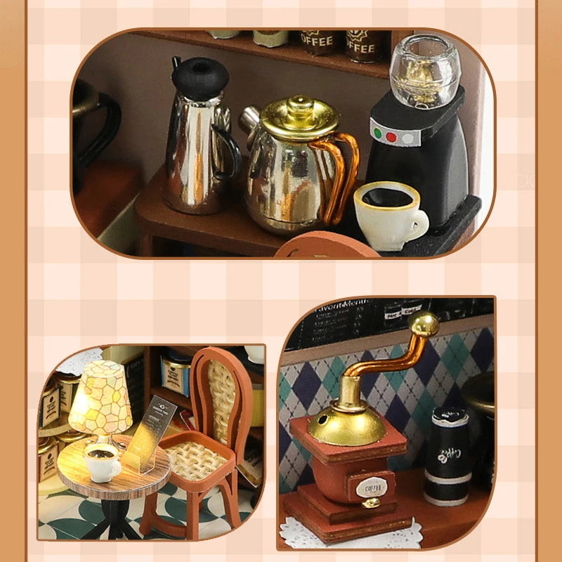 Coffee Store Wooden Mini Doll Houses Miniature 3D Puzzle Assembly Building Kits With Furniture LED Dollhouse Toys For Kid Gifts