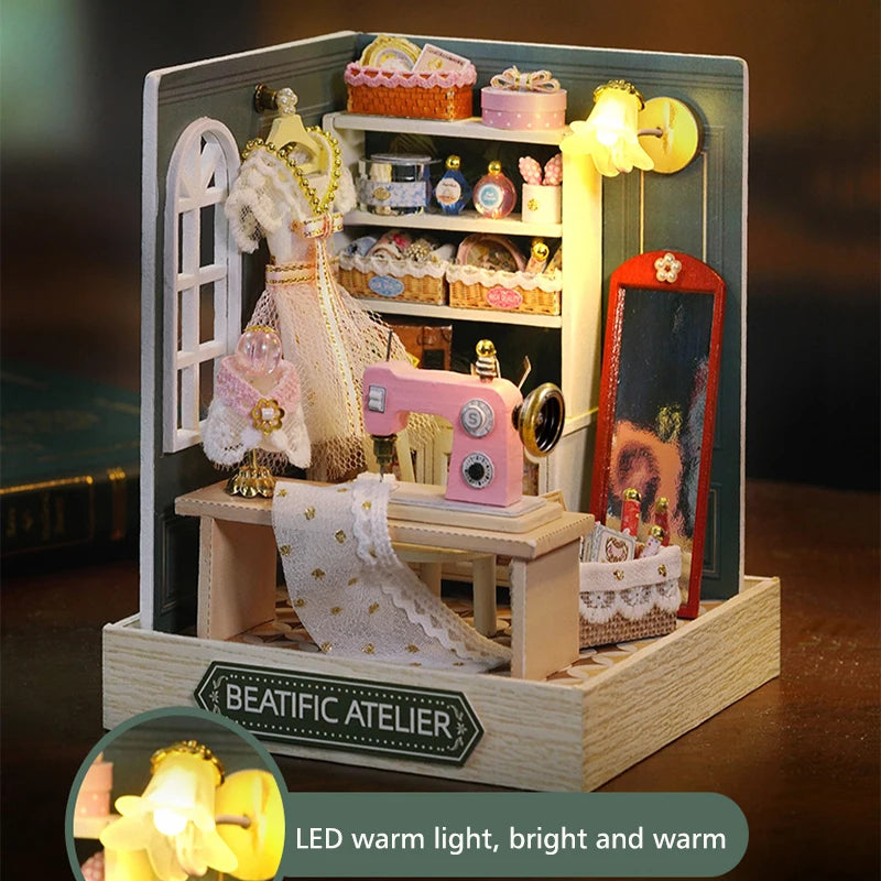 Coffee Store Wooden Mini Doll Houses Miniature 3D Puzzle Assembly Building Kits With Furniture LED Dollhouse Toys For Kid Gifts