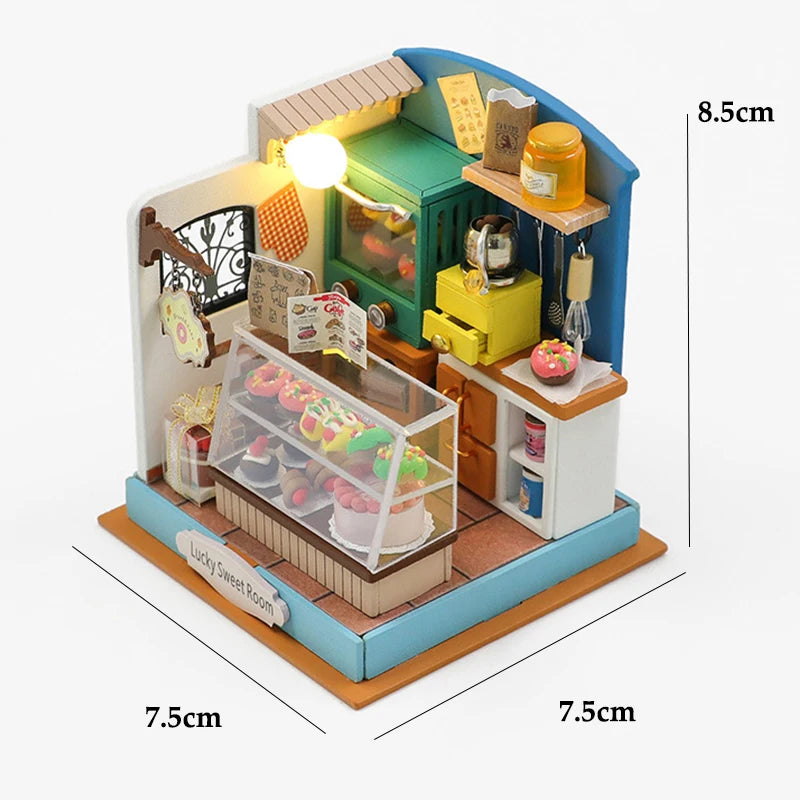 Coffee Store Wooden Mini Doll Houses Miniature 3D Puzzle Assembly Building Kits With Furniture LED Dollhouse Toys For Kid Gifts