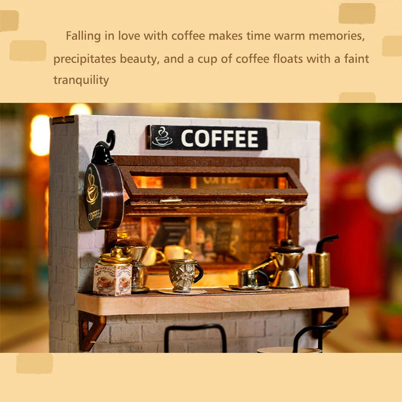 Coffee Store Wooden Mini Doll Houses Miniature 3D Puzzle Assembly Building Kits With Furniture LED Dollhouse Toys For Kid Gifts