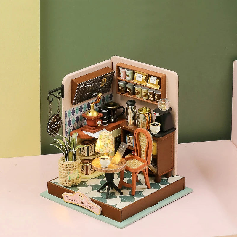 Coffee Store Wooden Mini Doll Houses Miniature 3D Puzzle Assembly Building Kits With Furniture LED Dollhouse Toys For Kid Gifts