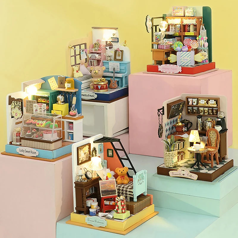 Coffee Store Wooden Mini Doll Houses Miniature 3D Puzzle Assembly Building Kits With Furniture LED Dollhouse Toys For Kid Gifts