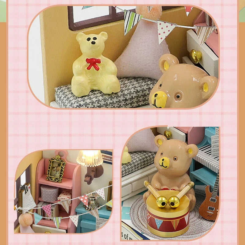 Coffee Store Wooden Mini Doll Houses Miniature 3D Puzzle Assembly Building Kits With Furniture LED Dollhouse Toys For Kid Gifts