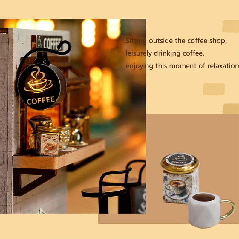 Coffee Store Wooden Mini Doll Houses Miniature 3D Puzzle Assembly Building Kits With Furniture LED Dollhouse Toys For Kid Gifts