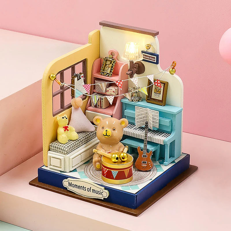 Coffee Store Wooden Mini Doll Houses Miniature 3D Puzzle Assembly Building Kits With Furniture LED Dollhouse Toys For Kid Gifts