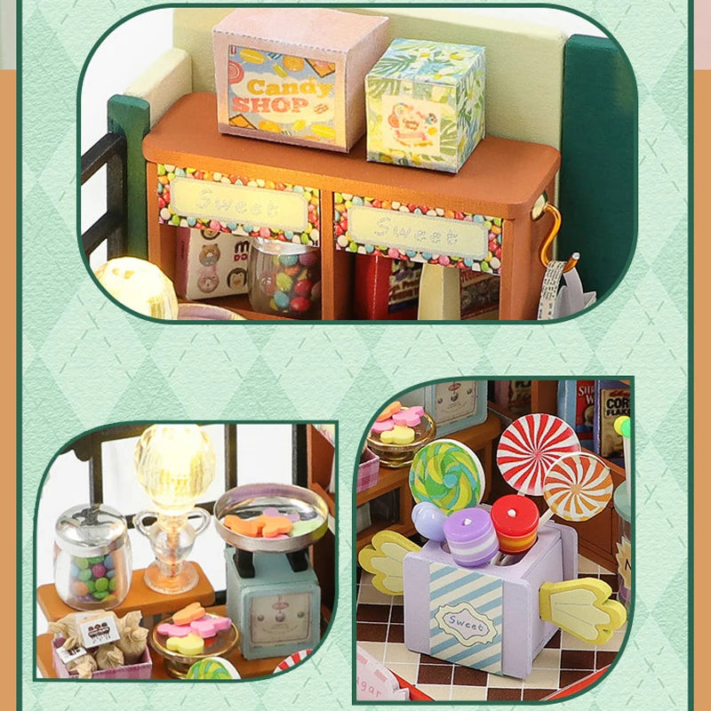 Coffee Store Wooden Mini Doll Houses Miniature 3D Puzzle Assembly Building Kits With Furniture LED Dollhouse Toys For Kid Gifts