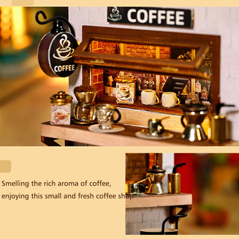 Coffee Store Wooden Mini Doll Houses Miniature 3D Puzzle Assembly Building Kits With Furniture LED Dollhouse Toys For Kid Gifts