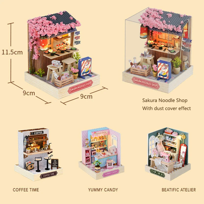 Coffee Store Wooden Mini Doll Houses Miniature 3D Puzzle Assembly Building Kits With Furniture LED Dollhouse Toys For Kid Gifts