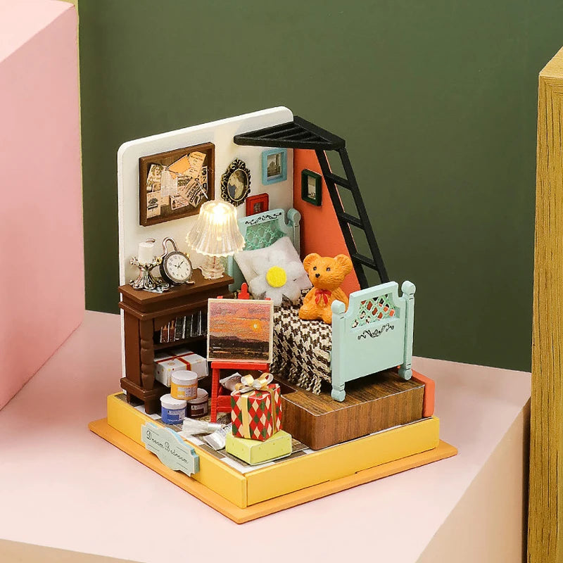 Coffee Store Wooden Mini Doll Houses Miniature 3D Puzzle Assembly Building Kits With Furniture LED Dollhouse Toys For Kid Gifts