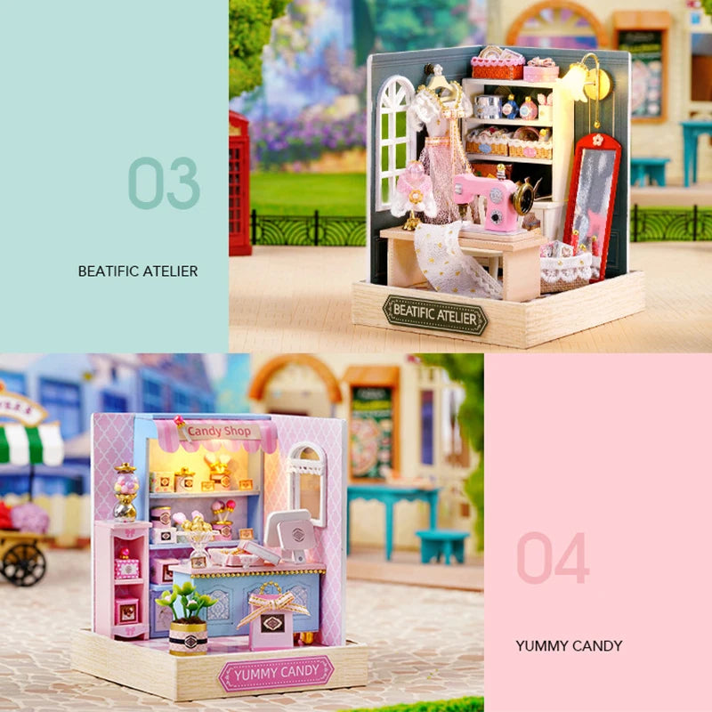 Coffee Store Wooden Mini Doll Houses Miniature 3D Puzzle Assembly Building Kits With Furniture LED Dollhouse Toys For Kid Gifts
