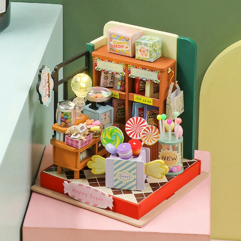 Coffee Store Wooden Mini Doll Houses Miniature 3D Puzzle Assembly Building Kits With Furniture LED Dollhouse Toys For Kid Gifts