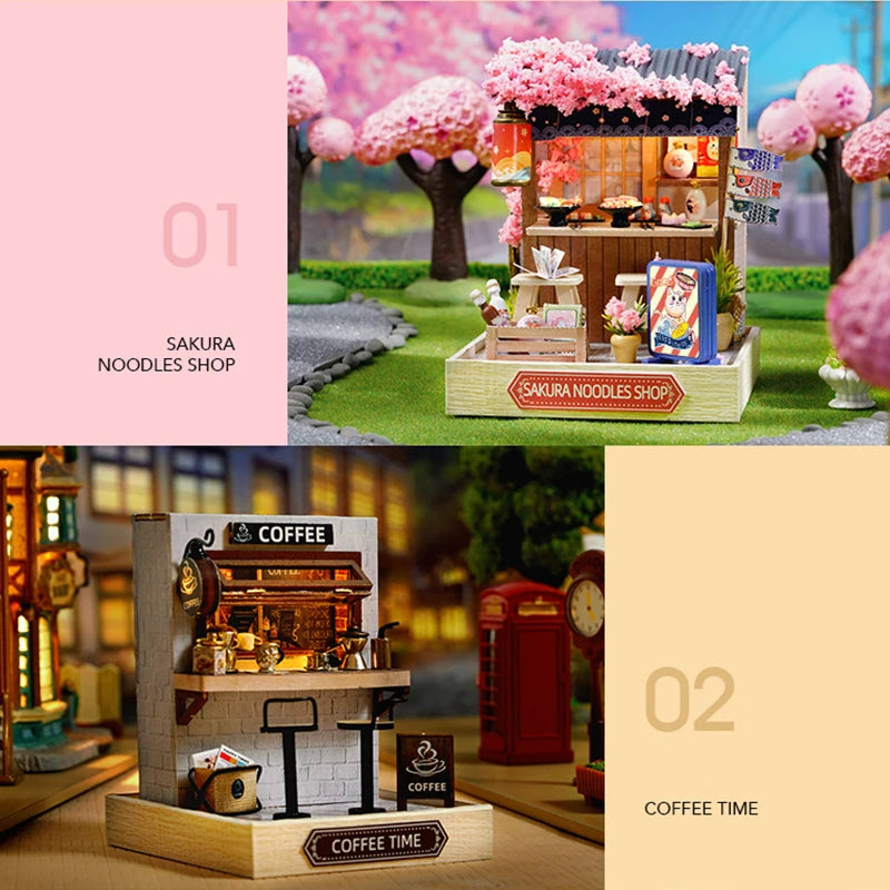 Coffee Store Wooden Mini Doll Houses Miniature 3D Puzzle Assembly Building Kits With Furniture LED Dollhouse Toys For Kid Gifts