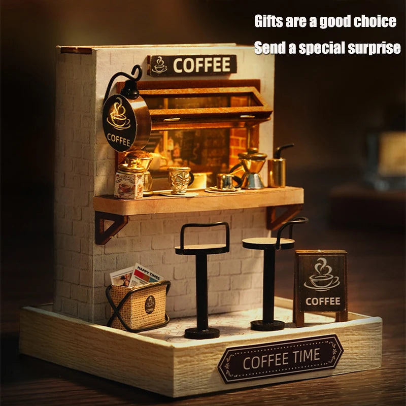 Coffee Store Wooden Mini Doll Houses Miniature 3D Puzzle Assembly Building Kits With Furniture LED Dollhouse Toys For Kid Gifts