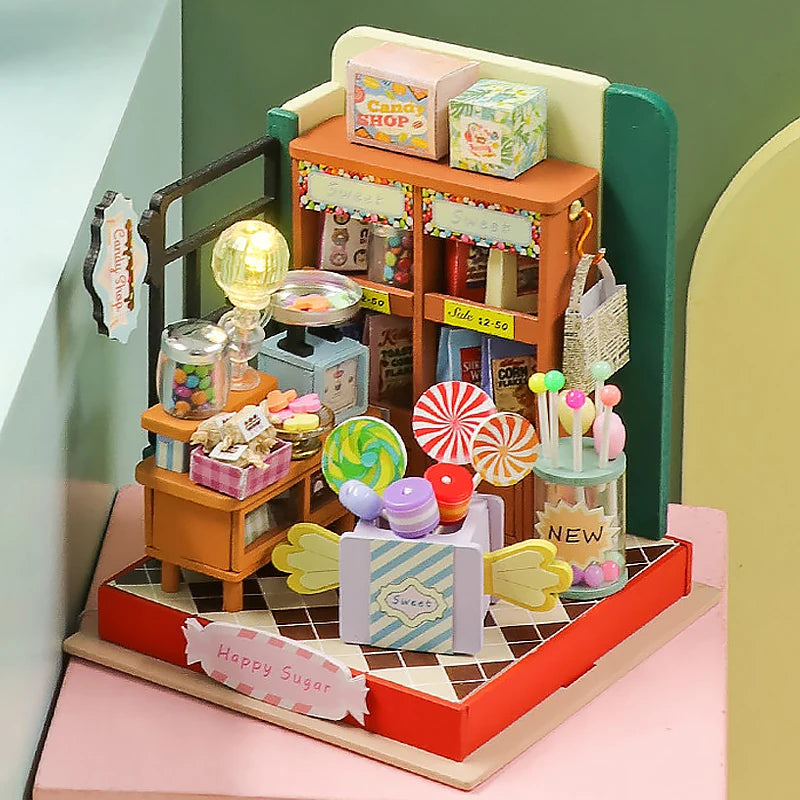 Coffee Store Wooden Mini Doll Houses Miniature 3D Puzzle Assembly Building Kits With Furniture LED  Dollhouse Toys For Kid Gifts