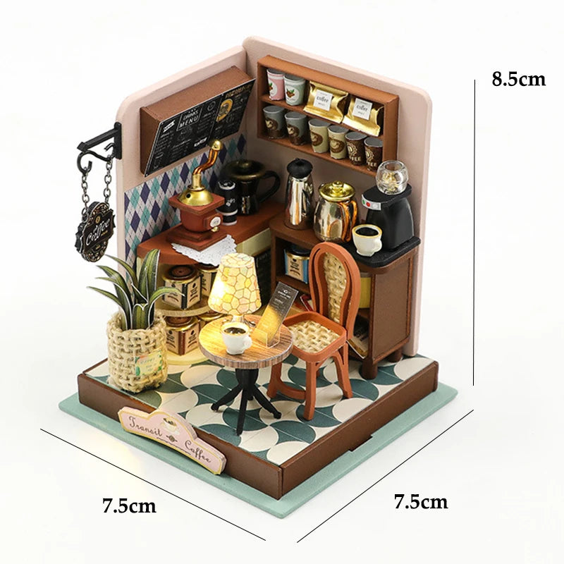 Coffee Store Wooden Mini Doll Houses Miniature 3D Puzzle Assembly Building Kits With Furniture LED  Dollhouse Toys For Kid Gifts