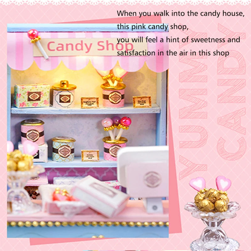 Coffee Store Wooden Mini Doll Houses Miniature 3D Puzzle Assembly Building Kits With Furniture LED  Dollhouse Toys For Kid Gifts