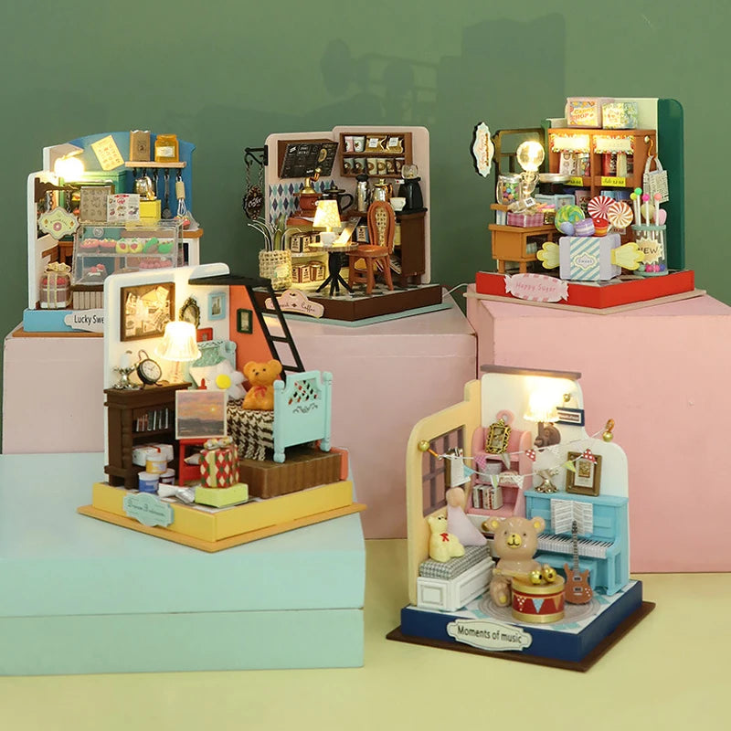 Coffee Store Wooden Mini Doll Houses Miniature 3D Puzzle Assembly Building Kits With Furniture LED  Dollhouse Toys For Kid Gifts