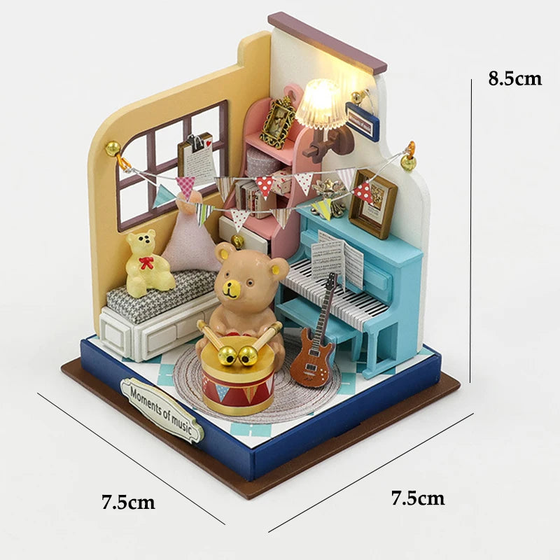 Coffee Store Wooden Mini Doll Houses Miniature 3D Puzzle Assembly Building Kits With Furniture LED  Dollhouse Toys For Kid Gifts