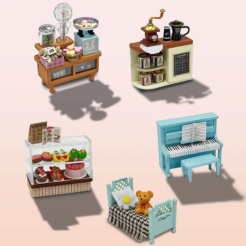 Coffee Store Wooden Mini Doll Houses Miniature 3D Puzzle Assembly Building Kits With Furniture LED  Dollhouse Toys For Kid Gifts