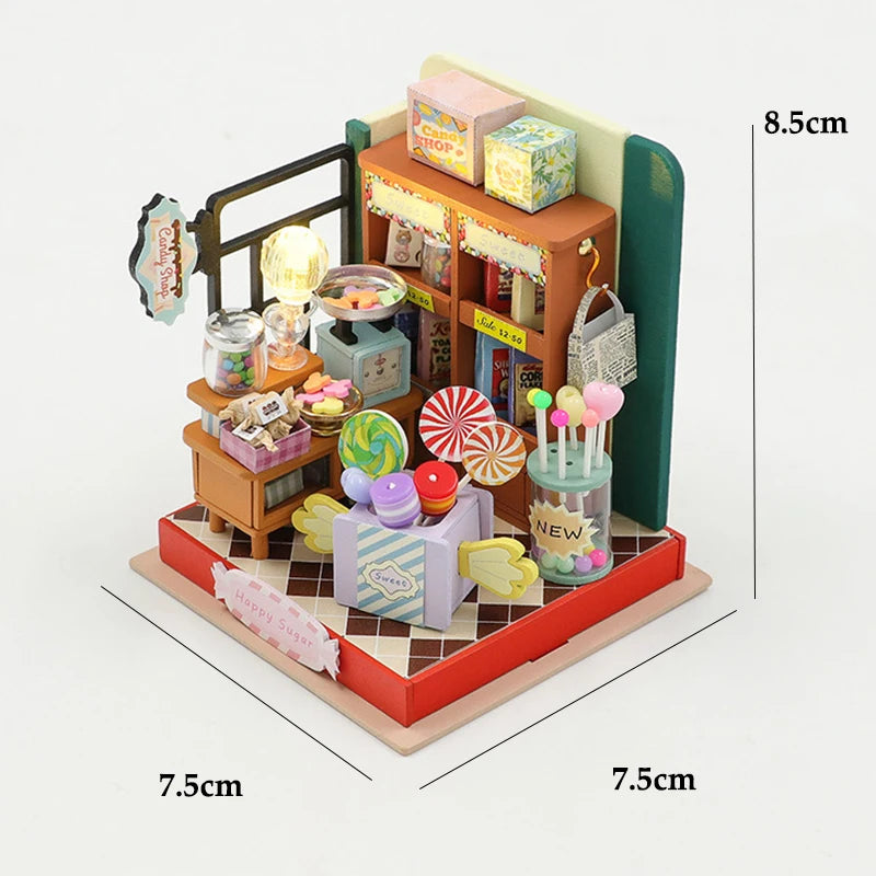 Coffee Store Wooden Mini Doll Houses Miniature 3D Puzzle Assembly Building Kits With Furniture LED  Dollhouse Toys For Kid Gifts