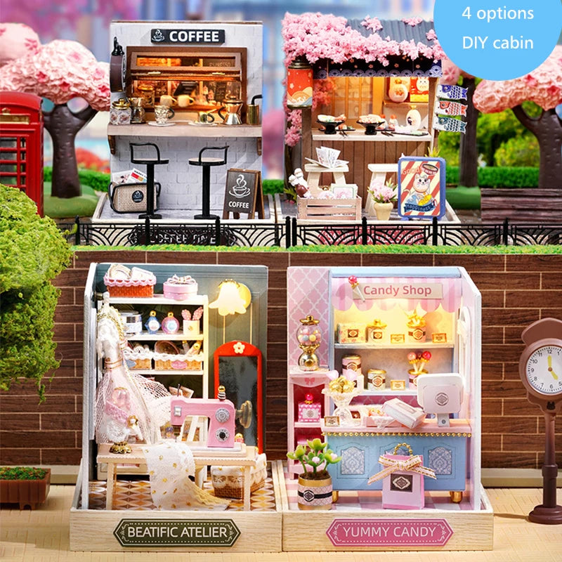 Coffee Store Wooden Mini Doll Houses Miniature 3D Puzzle Assembly Building Kits With Furniture LED  Dollhouse Toys For Kid Gifts