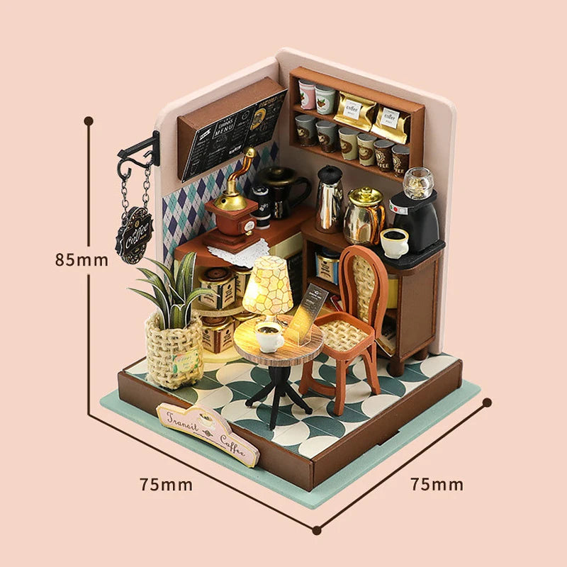 Coffee Store Wooden Mini Doll Houses Miniature 3D Puzzle Assembly Building Kits With Furniture LED  Dollhouse Toys For Kid Gifts